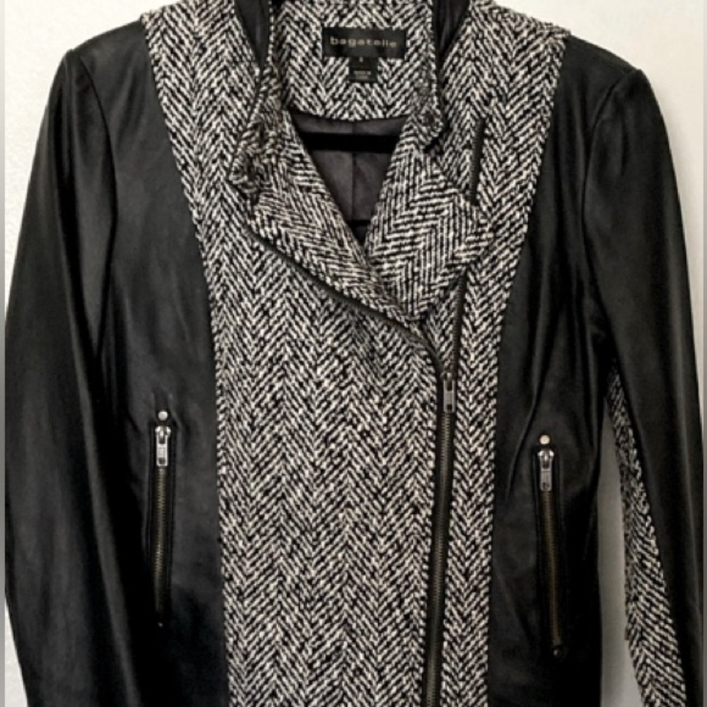 Bagatelle Leather Jacket w/ Houndstooth‎ Knit